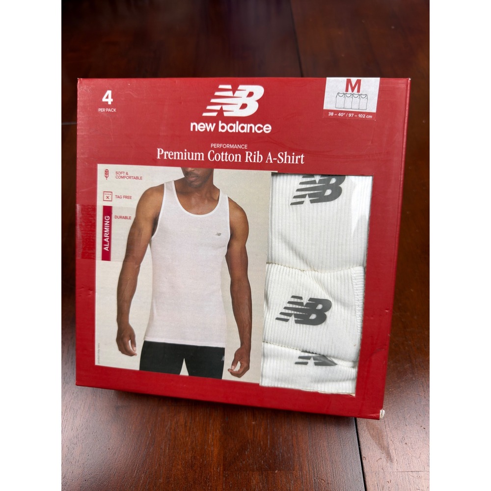New Balance Mens 4 Pack Cotton Rib A-Shirt White Tank Top Undershirt Medium NIB